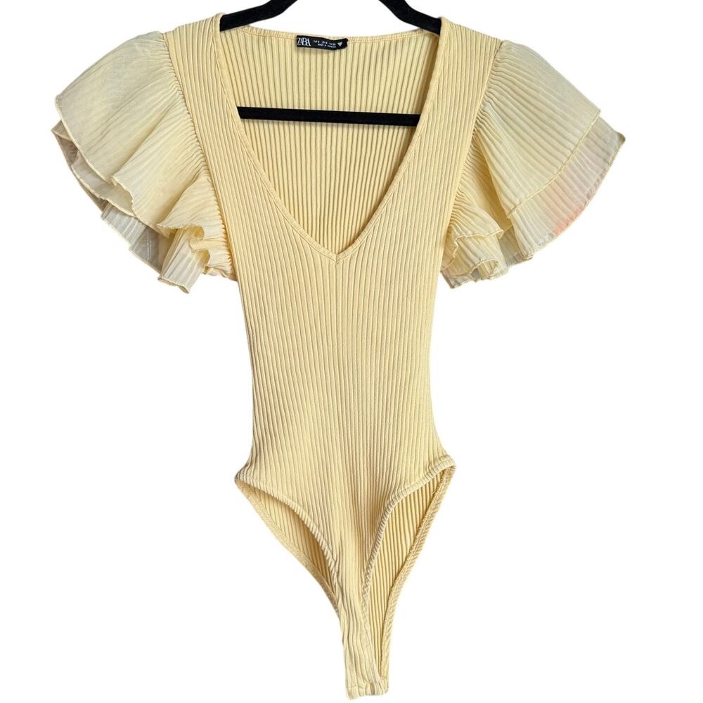 Zara Butter Yellow Ribbed Ruffle Sleeve Plunging V-Neck Bodysuit Sz S Romantic
